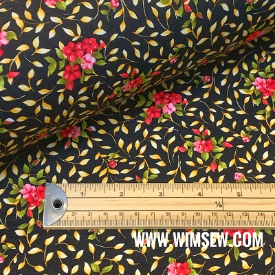 100% QPA Cotton Poplin 01 CP0840 black (fuchsia & pink flowers leaves on black BG)