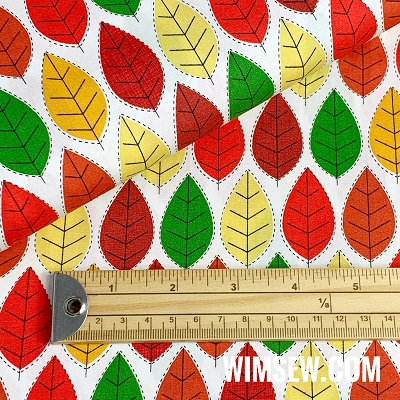 100% QPA Cotton Poplin 01cp0426-autumn - (multi coloured leaves on white BG)