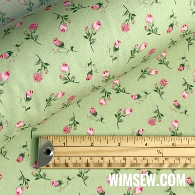 100% QPA Cotton Poplin 01cp0456-green - (small pink flowers with green stem on green BG)