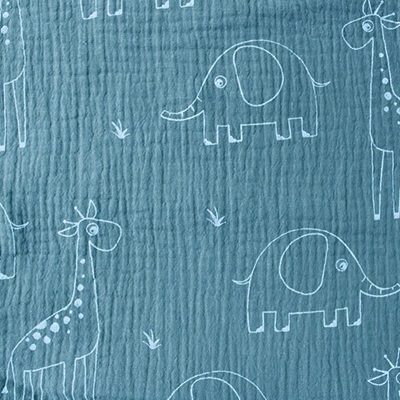 100% Cotton  - EM27-1558 Airforce - Giraffe And Elephant Double Gauze