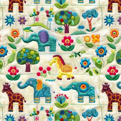 100% Printed Cotton  - EM27-ESDC12 Cotton Embroidered Animals