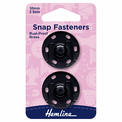 H421.30 Snaps Fasteners: Sew-On: Black: 30mm: Pack of 2..