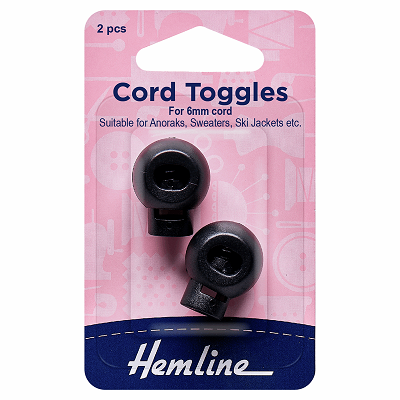 H459.BLK Cord Toggles: 6mm: Black: 2 Pieces..