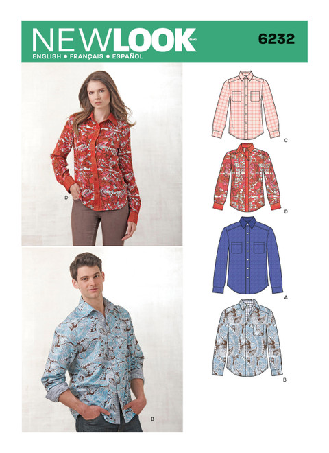 New Look Sewing Pattern Misses' & Men's Button Down Shirt - N6232 - Size - 8-18 / XS-XL