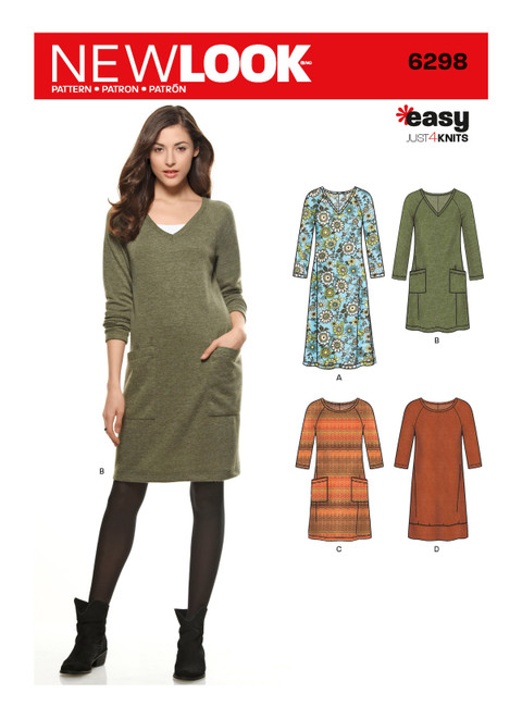 New Look Sewing Pattern Misses' Knit Dress with Neckline & Length Variations - N6298 - Size - 10-22