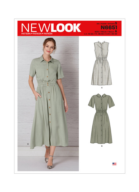 New Look Sewing Pattern Misses' Button Front Dress with Elastic Waist - N6651 - Size - 10-22