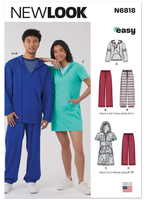 New Look Sewing Pattern Unisex Knit Hoodie and Pants and Misses' Knit Dress - N6818 - Size - All Sizes