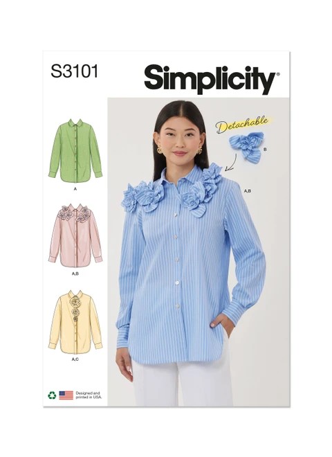Simplicity Sewing Pattern Misses' Shirt with Detachable 3D Flowers - S3101 - 8-16 or 18-26 (A,L,N)