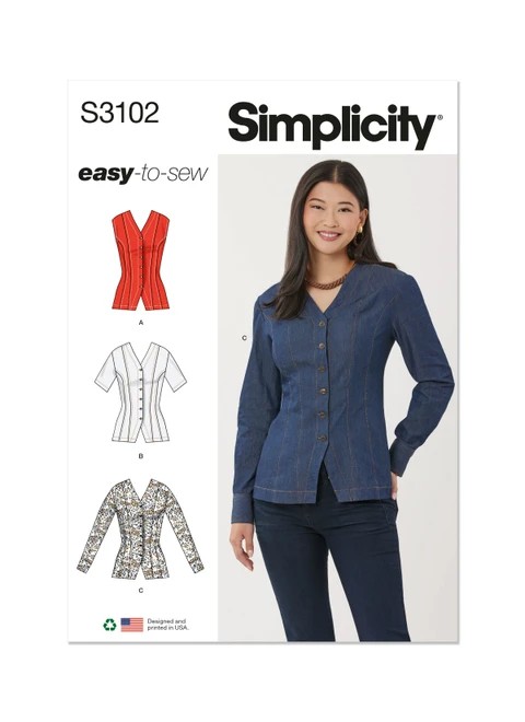 Simplicity Sewing Pattern Misses' Shirt with Sleeve Variations - S3102 - 8-16 or 18-26 (A,L,N)