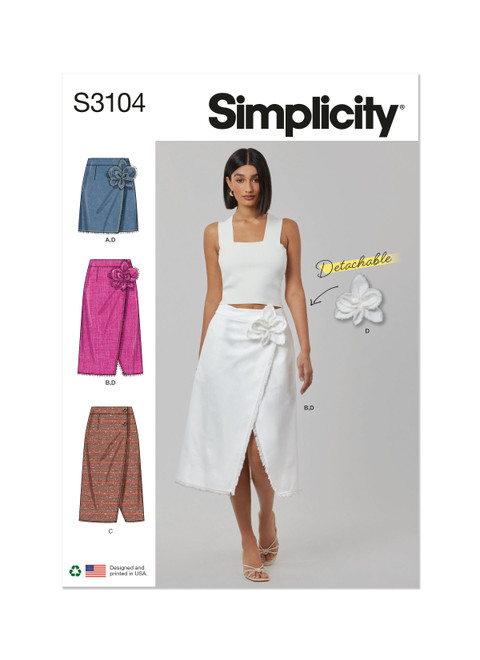 Simplicity Sewing Pattern Misses' Wrap Skirts with Detachable 3D Flower - S3104 - 8-16 or 18-26 (A,L,N)
