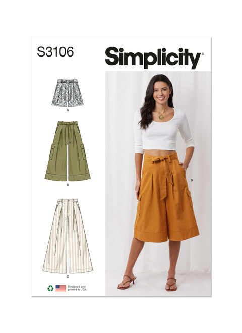 Simplicity Sewing Pattern Misses' Shorts and Pants with Tie Belt - S3106 - 6-16 or 16-26 (A,L,N)