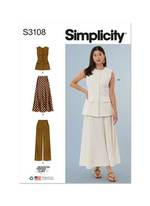 Simplicity Sewing Pattern Misses' Vest, Skirt and Pants by American Sewing Guild - S3108 - 6-16 or 16-26 (A,L,N)