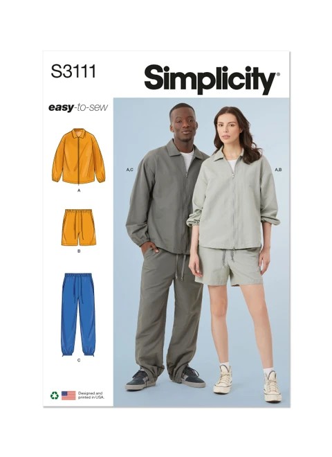 Simplicity Sewing Pattern Unisex Jacket, Shorts and Pants - S3111 - Size - XS-XXL (A,L,N)