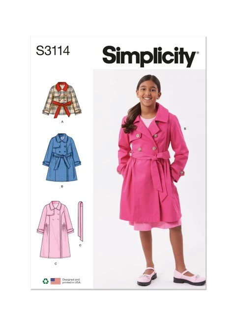 Simplicity Sewing Pattern Girls' Trench Coat in Three Lengths - S3114 - Size - 7-14 (U)