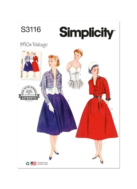 Simplicity Sewing Pattern 1950s Misses' Bolero Suit and Bodice - S3116 - 8-16 or 18-26 (A,L,N)