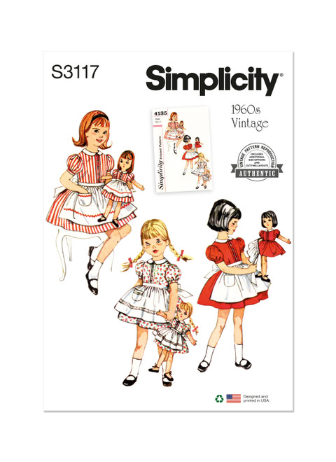 Simplicity Sewing Pattern 1950s Children's Dress and Apron, Doll and Dolls' Dress and Apron - S3117 - Size - 2-6 (U)