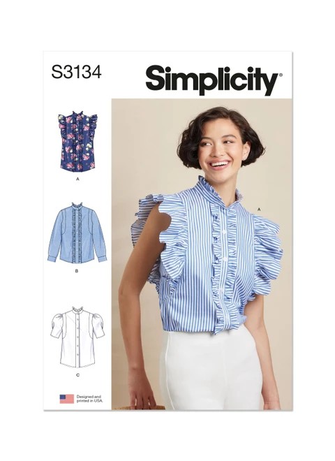 Simplicity Sewing Pattern Misses' Ruffled Button Front Top with Sleeve Variations - S3134 - 6-16 or 16-26 (A,L,N)