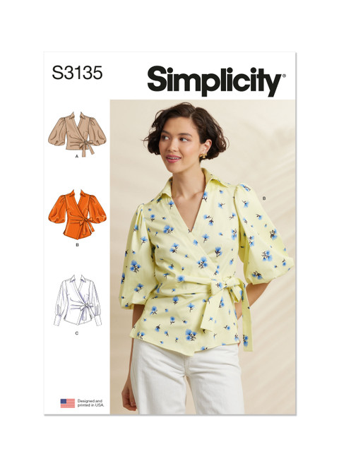 Simplicity Sewing Pattern Misses' Wrap Top with Sleeve Variations - S3135 - 8-16 or 18-26 (A,L,N)