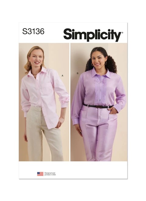 Simplicity Sewing Pattern Misses' and Women's Button Up Shirt - S3136 - 10-18 or 20w-28w or 30w-38w (A,L,N)