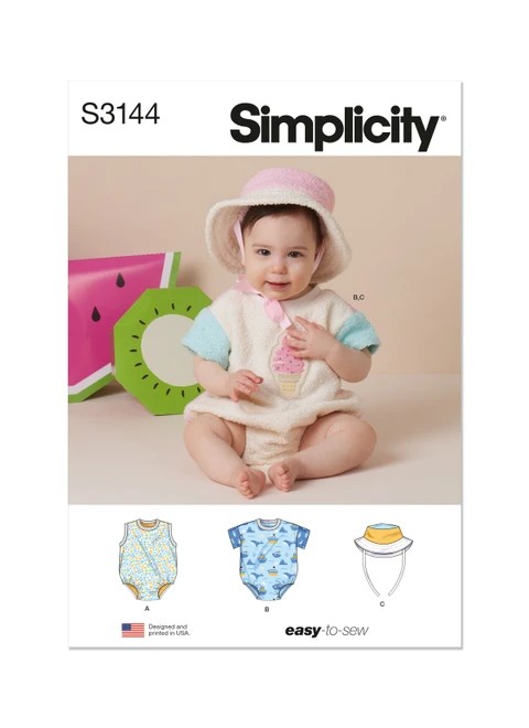 Simplicity Sewing Pattern Babies' Contrast Bodysuit and Bucket Hat - S3144 - Size - XS-L (U)