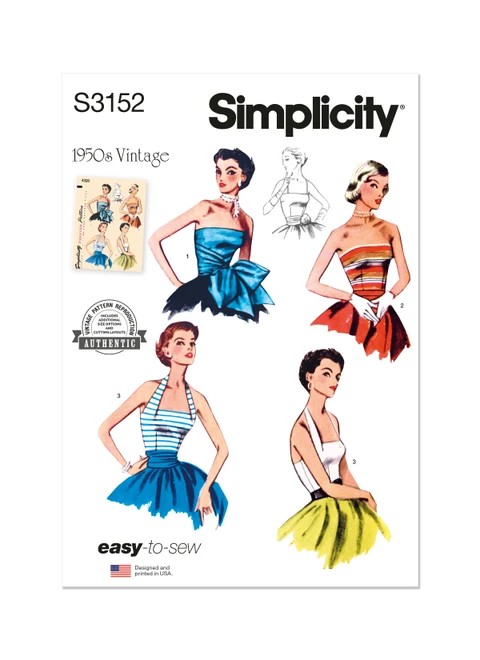 Simplicity Sewing Pattern 1950s Misses' Halter and Strapless Bodice - S3152 - 6-16 or 16-26 (A,L,N)