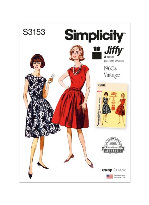 Simplicity Sewing Pattern 1960s Misses' One Piece Jiffy Dress - S3153 - 6-16 or 16-26 (A,L,N)