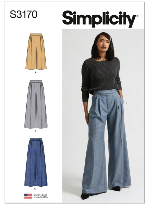 Simplicity Sewing Pattern Misses' Wide Leg Pleated Pants with Length and Waistband Variations - S3170 - 8-16 or 18-26 (A,L,N)