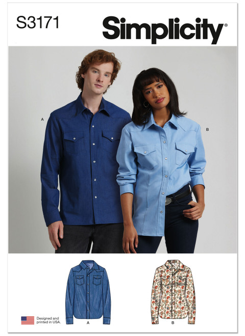 Simplicity Sewing Pattern Unisex Western Style Shirt - S3171 - Size - XS-XXL (A,L,N)