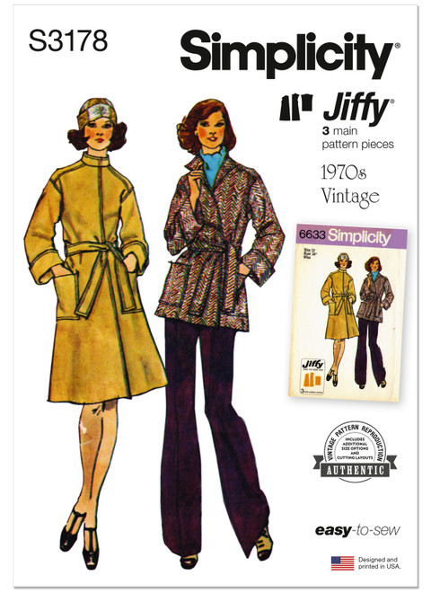 Simplicity Sewing Pattern 1970's Misses' Jiffy Unlined Front Wrap Coat in Two Lengths - S3178 - 8-16 or 18-26 (A,L,N)