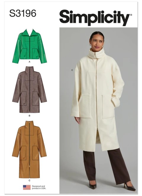 Simplicity Sewing Pattern Misses' High Collar Coat in Three Lengths - S3196 - 8-16 or 18-26 (A,L,N)