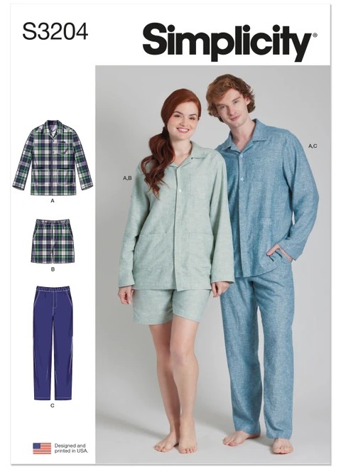 Simplicity Sewing Pattern Unisex Pajamas - S3204 - Size - XS-XXL (A,L,N)