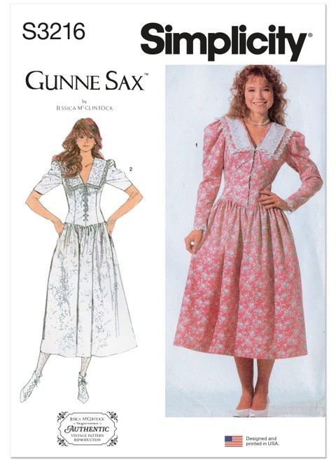 Simplicity Sewing Pattern 1980s Misses' and Miss Petite Dress with Fitted Bodice by Gunne Sax by Jessica McClintock - S3216 - 6-14 or 16-24 (A,L,N)