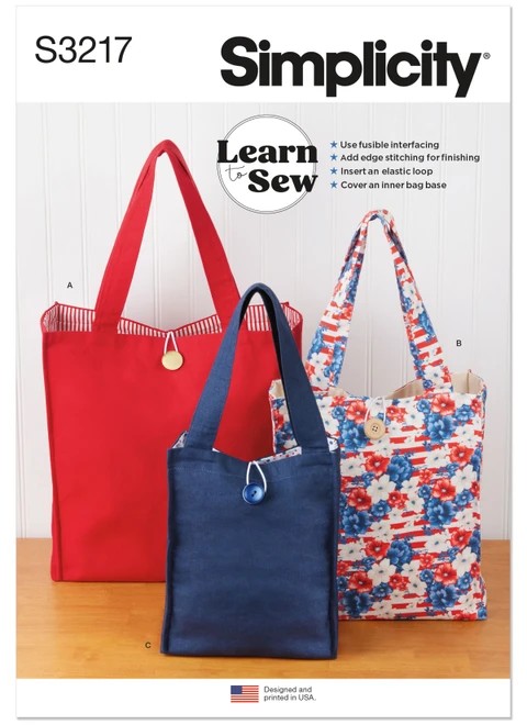 Simplicity Sewing Pattern Learn to Sew Totes in Three Sizes - S3217 - Size - One Size (K)