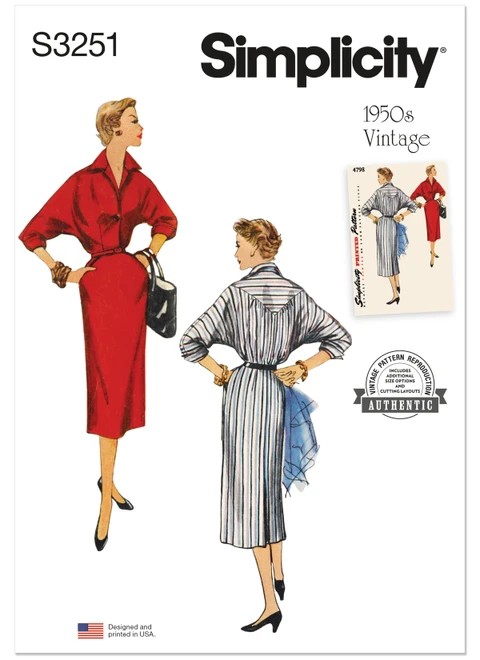 Simplicity Sewing Pattern 1950s Misses' Dolman Sleeve Dress - S3251 - 10-18 or 16-24 (A,L,N)