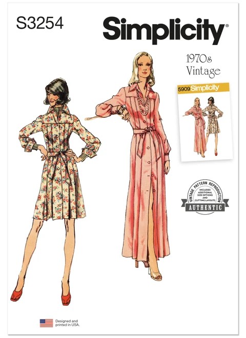 Simplicity Sewing Pattern 1970s Misses' Shirtdress in Two Lengths - S3254 - 8-16 or 14-22 (A,L,N)