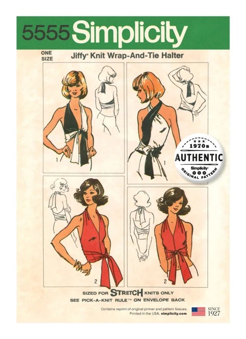 Simplicity Sewing Pattern 1970s Misses' Vintage Jiffy Knit Wrap and Tie Top - S5555 - One Size (D)