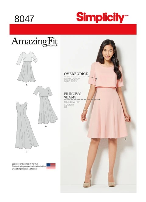 Simplicity Sewing Pattern Amazing Fit Misses' Dress in Slim, Average and Curvy Fit - S8047 - 6-14 or 14-22 (A,L,N)
