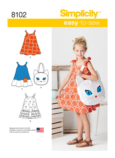 Simplicity Sewing Pattern Child's Easy-to-Sew Sundress and Kitty Tote - S8102 - Size - 3-8 (U)