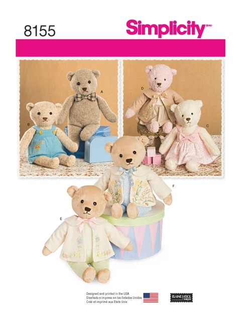 Simplicity Sewing Pattern Stuffed Bears with Clothes - S8155 - Size - One Size (K)