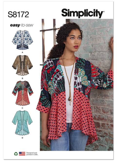 Simplicity Sewing Pattern Misses' Fashion Kimonos with Length, Fabric and Trim Variations - S8172 - Size - XXS-XXL (A,L,N)