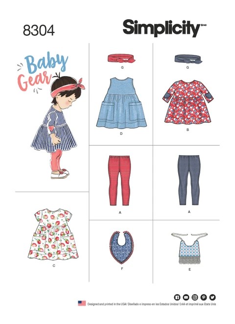 Simplicity Sewing Pattern Babies' Leggings, Top, Dress, Bibs and Headband - S8304 - Size - XXS-L (U)