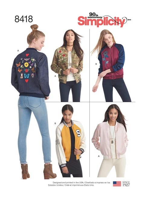 Simplicity Sewing Pattern Misses' Lined Bomber Jacket with Fabric and Trim Variations - S8418 - 4-12 or 14-22 (A,L,N)