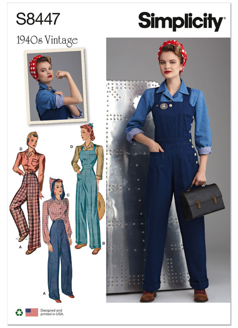 Simplicity Sewing Pattern 1940s Misses' Vintage Pants, Overalls and Blouses - S8447 - 6-14 or 16-24 (A,L,N)
