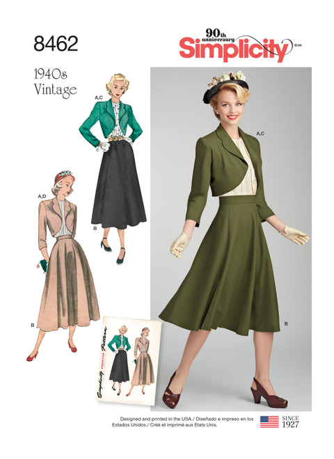 Simplicity Sewing Pattern 1940s Misses' Vintage Blouse, Skirt and Lined Bolero - S8462 - 6-14 or 16-24 (D)