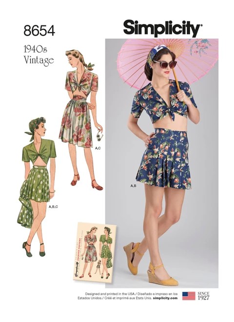 Simplicity Sewing Pattern 1940s Misses' Vintage Skirt, Shorts and Tie Top - S8654 - 4-12 or 12-20 (D)
