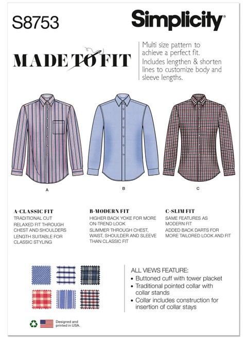 Simplicity Sewing Pattern Men's Classic, Modern and Slim-Fit Shirt - S8753 - 34-42 or 44-52 (A,L,N)