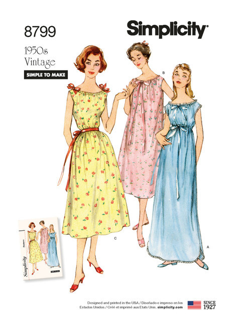 Simplicity Sewing Pattern 1950s Misses' Vintage Nightgowns - S8799 - Size - XS-XL (D)
