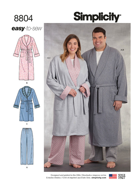 Simplicity Sewing Pattern Women's Plus Size & Men's Robe and Pants - S8804 - S-L or XS-XXXL (A,L,N)