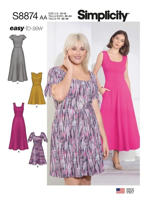 Simplicity Sewing Pattern Misses'/Women's Easy-to-Sew Knit Dress - S8874 - 10-18 or 20w-28w (A,L,N)
