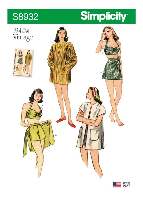 Simplicity Sewing Pattern 1940s Misses' Vintage Bikini Top, Shorts, Wrap, Skirt and Coat - S8932 - 4-12 or 12-20 (D)